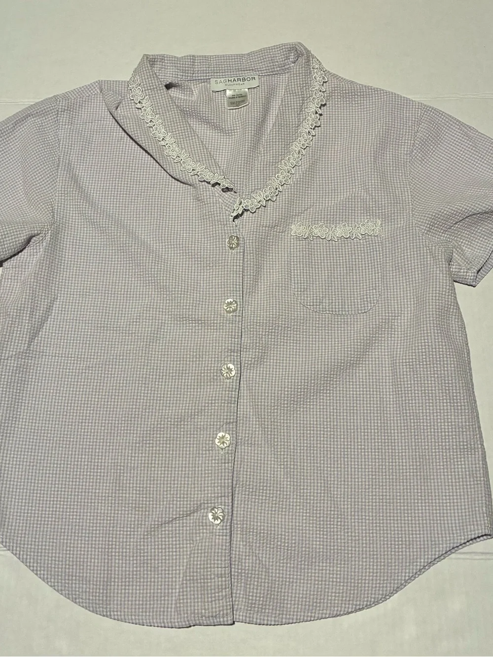 Sag Harbor Lavender Gingham Button-Front Shirt with Lace Trim  Sleepwear Set S